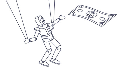 Obraz premium Puppet on strings reaching for money, illustrating financial control, manipulation, and economic dependence. Simple line art.