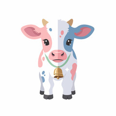 Adorable Cartoon Cow with Pink and Blue Patches Bell and Cute Expression.