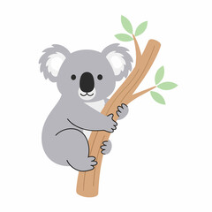 Cute Gray Koala Clinging to a Branch with Green Leaves Cartoon Style.