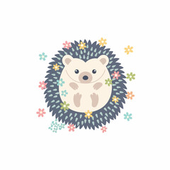 Cute Cartoon Hedgehog with Spikes and Flowers Illustration.