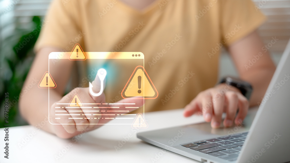 Aufkleber web phishing and cyber attack warning concept with man using laptop, digital alert icon and exclamat