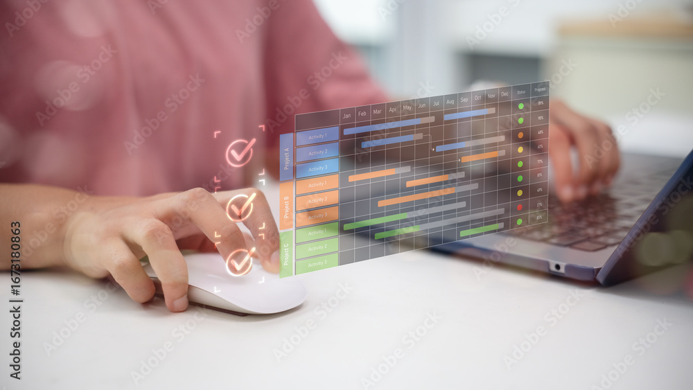 Poster project management concept with person using laptop and digital gantt chart, representing business p
