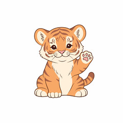 Cute cartoon tiger cub sitting waving with a happy smile orange fur black stripes pink nose.