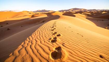 Footprints in the sand dunes lead towards the desert landscape at golden hour