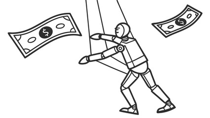 Obraz premium Financial control and manipulation concept. Puppet on strings with money. Economic dependency illustration.