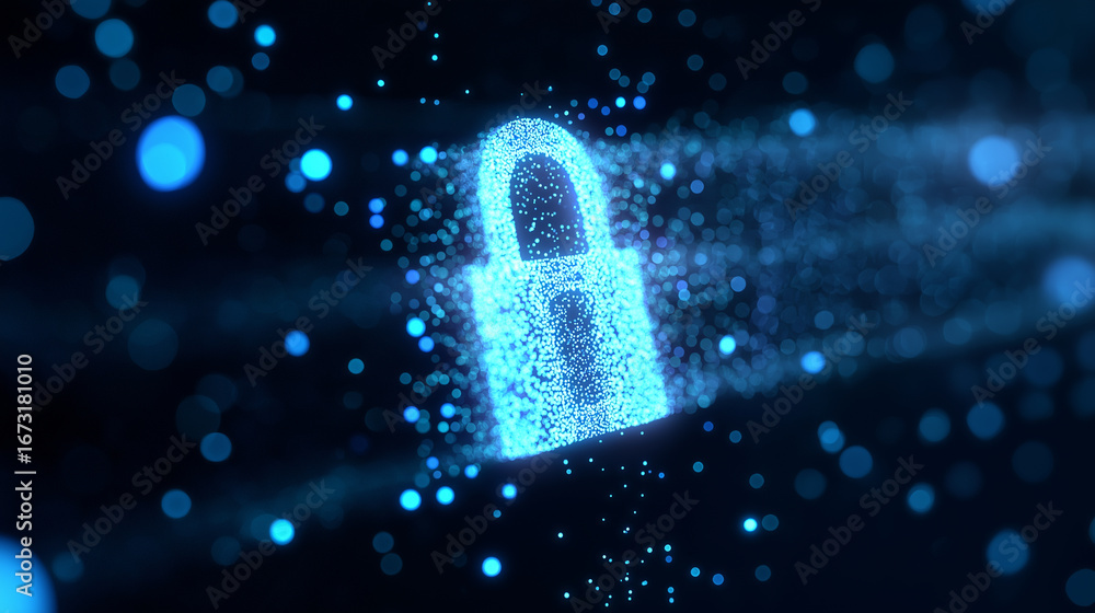 Poster abstract glowing digital padlock made of blue particles symbolizing cybersecurity and data encryptio