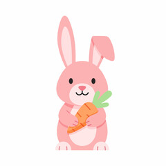 Cute pink cartoon rabbit holding an orange carrot with green leaves standing upright with a sweet expression.