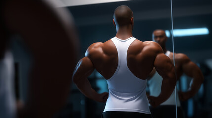 Bodybuilder in white tank top admiring his muscular back in the gym mirror.