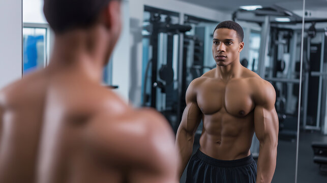 Muscular man flexing his back and arms at the gym, showcasing strength and fitness.
