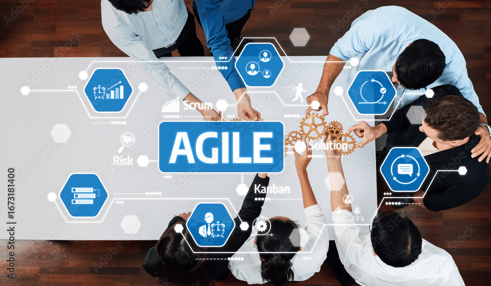 Poster a dynamic team engages in collaborative problem-solving using agile principles, illustrated with vis