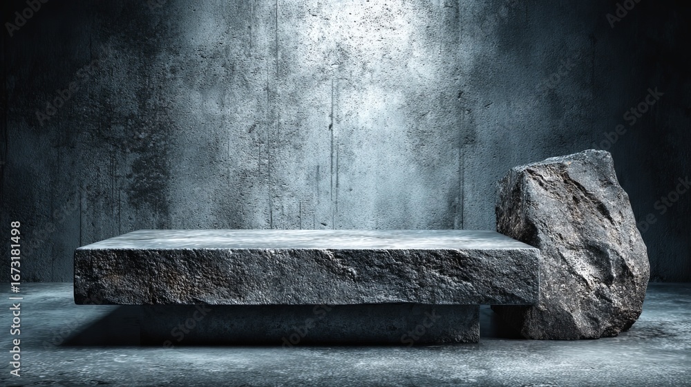 Poster hyper-realistic front-facing product setup on cold gray stone surface with matching vertical wall, m