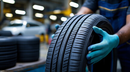 Mechanic holding a new tire in a workshop wearing protective gloves during auto service work.
