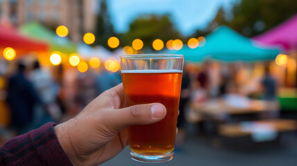 Hand holding a pint of beer at an outdoor evening festival with colorful tents and bokeh lights.
