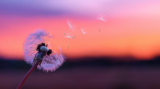 Close-up of dandelion seeds blowing in the wind against a colorful sunset sky.
