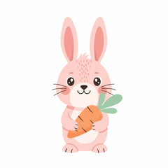 Cute Pink Rabbit Holding a Carrot Cartoon Style.