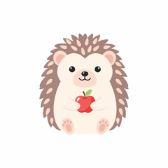 Cute Cartoon Hedgehog Holding a Red Apple with Spiky Brown Quills and Smiling.