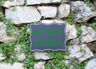 Emotional Quotient symbol. Stone wall with words Emotional Quotient. Beautiful stone background with plants. Business and Emotional Quotient concept. Copy space.