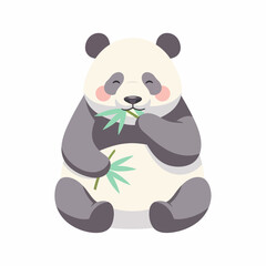 Cute cartoon panda sitting happily eating green bamboo leaves with rosy cheeks.