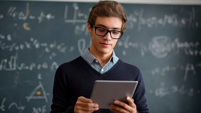 Smart boy using a digital tablet in front of a chalkboard filled with math equations.

 - Powered by Adobe
