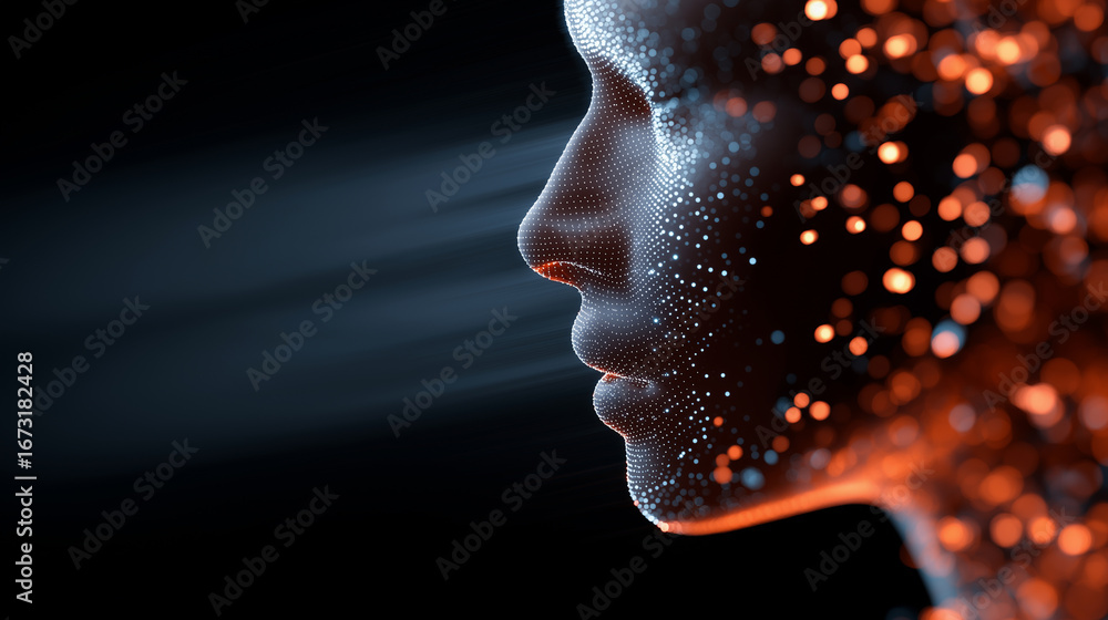 Poster 3d render of female face dissolving into glowing particles, symbolizing artificial intelligence and 