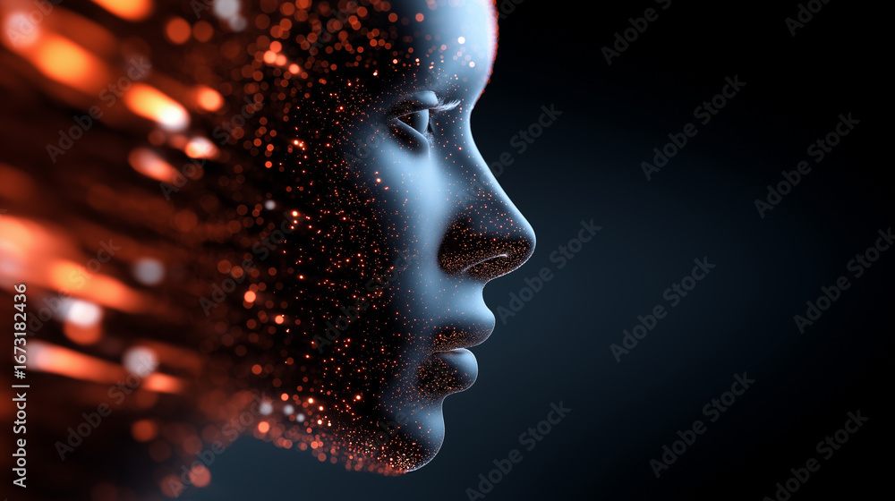Aufkleber 3d render of female face dissolving into glowing particles, symbolizing artificial intelligence and 