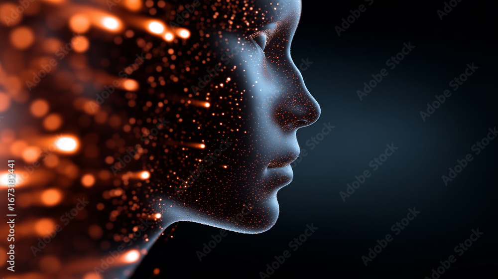 Aufkleber 3d render of female face dissolving into glowing particles, symbolizing artificial intelligence and 