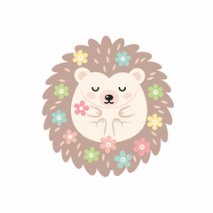 Adorable Sleeping Hedgehog Surrounded by Pastel Flowers.