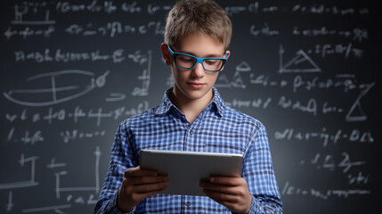 Smart boy using a digital tablet in front of a chalkboard filled with math equations.

