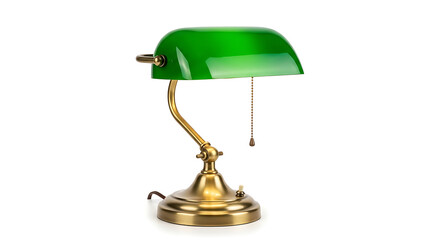 A green glass banker's lamp with brass base and pull chain on a white background in studio lighting