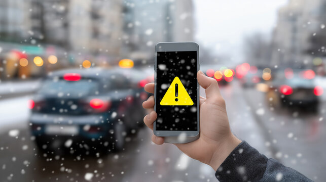 Smartphone showing warning alert symbol against a snowy urban street background, indicating severe weather conditions.
 - Powered by Adobe
