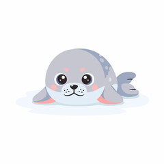 Adorable Cartoon Seal with Big Eyes and Pink Cheeks Lying Down Smiling.