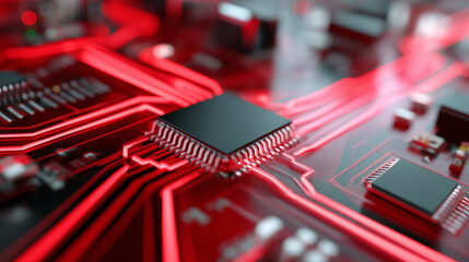 Close-up view of red and black motherboard with integrated circuits and glowing traces.
