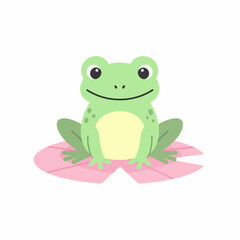 Adorable Green Cartoon Frog Sitting on a Pink Lily Pad.