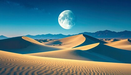 Desert landscape under a bright moon at night revealing sand dunes and distant mountains