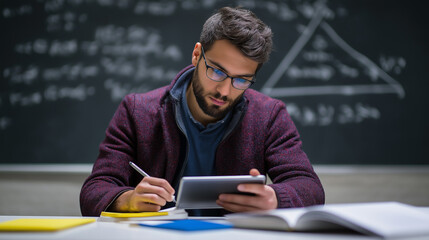 Teen student using a tablet in front of a chalkboard filled with math equations in a classroom setting.
