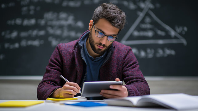 Teen student using a tablet in front of a chalkboard filled with math equations in a classroom setting.
