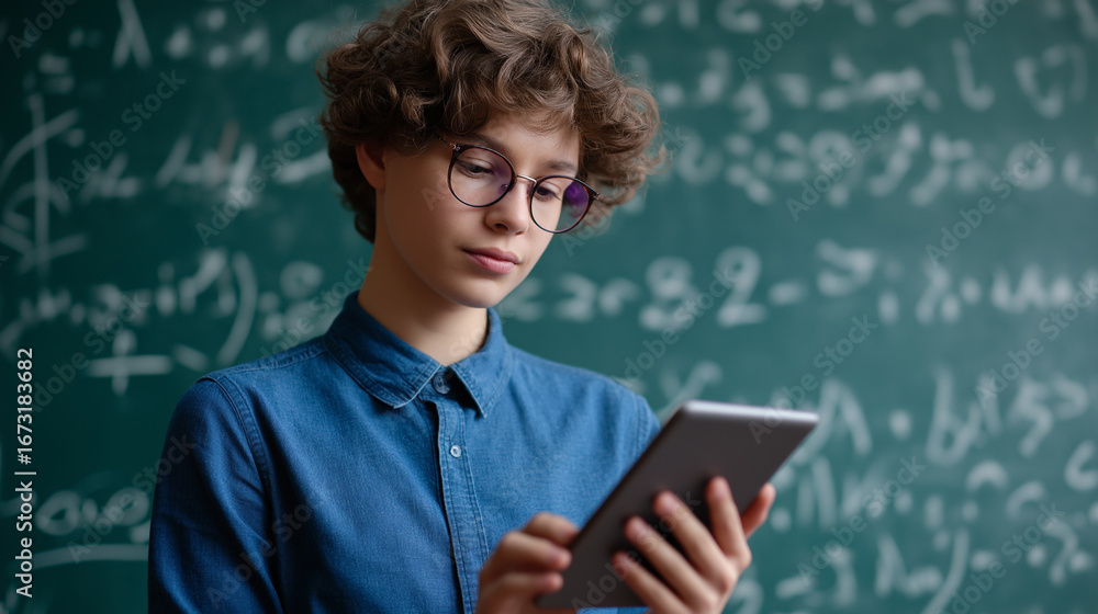 Poster teen student using a tablet in front of a chalkboard filled with math equations in a classroom setti