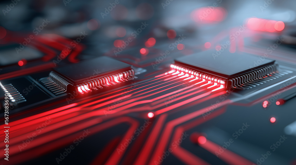 Poster close-up view of red and black motherboard with integrated circuits and glowing traces.