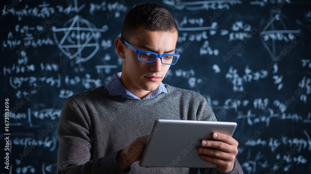 Poster teen student using a tablet in front of a chalkboard filled with math equations in a classroom setti