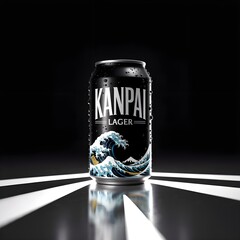 Product shot of a fictional beer can branded "KANPAI LAGER". The can stands against a solid black background with strong high-contrast dramatic lighting, creating sharp reflections and highlights. The