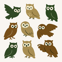 Collection of cartoon owl illustrations for design projects