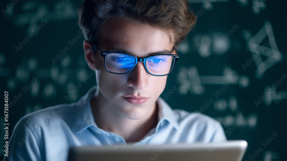 Poster teen student using a tablet in front of a chalkboard filled with math equations in a classroom setti