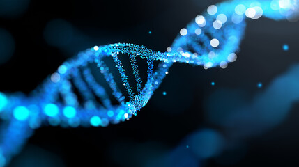 3D illustration of glowing blue DNA strand structure on a dark scientific background.
