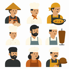 Group of cartoon chefs and cooks with kitchen utensils and food items