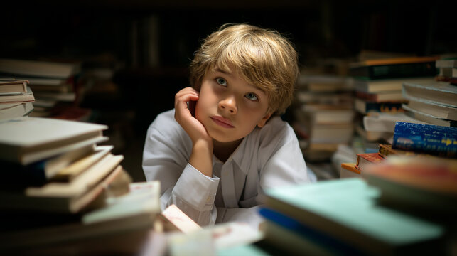 Thoughtful boy surrounded by stacks of books, sitting at a desk under a reading lamp.
