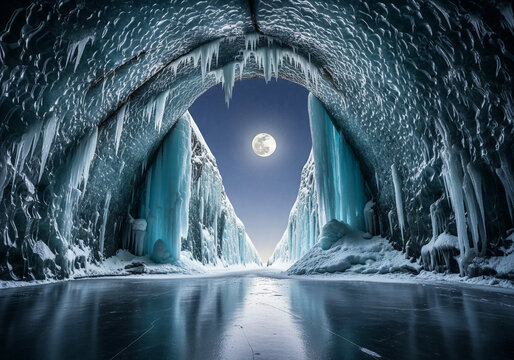 Stunning view of a full moon and starry sky from inside a majestic ice cave with huge icicles