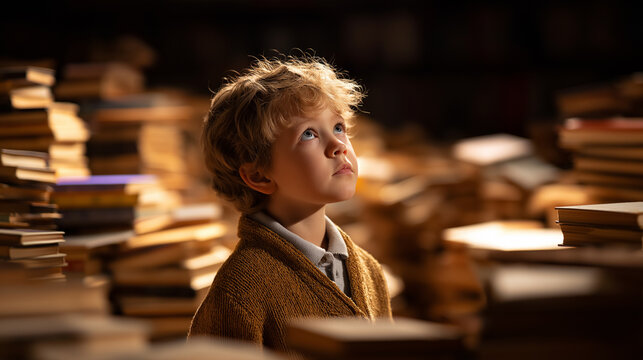 Curious young boy surrounded by towering stacks of books in a dimly lit library.
