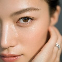 Fototapeta premium A close up portrait of a young woman with intense and thoughtful expression in a dark moody studio setting