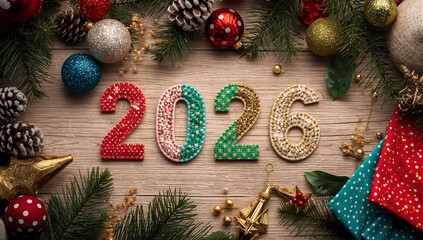 Vibrant stitched digits 2026 in a  Christmas arrangement including red, green, blue, and yellow, placed on a festive Christmas decorations flat lay wooden background,ai generative