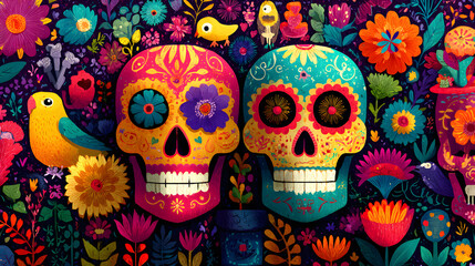 Mexican Sugar Skulls Flat Vector Illustration